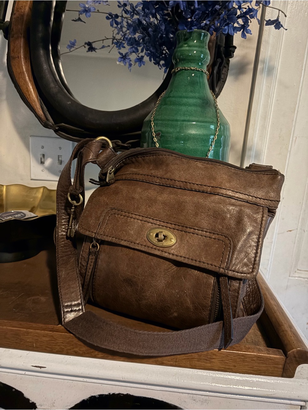 Fossil Brown Leather Crossbody with Turn-Lock Flap